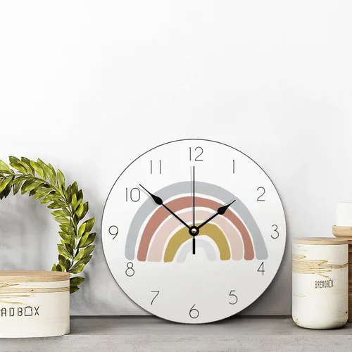 Vista 2 de ArogGeld Reloj de pared grande de madera para decoración de guardería, funciona con pilas, 12 pulgadas, silencioso, arco iris, bohemio, reloj