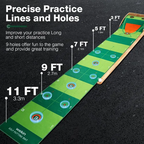 Vista 4 de Wekin Indoor Putting Green with Auto Ball Return,11 Foot Golf Practice Putting Mat,Ideal Training Putting Mat for Beginners & Advanced Players