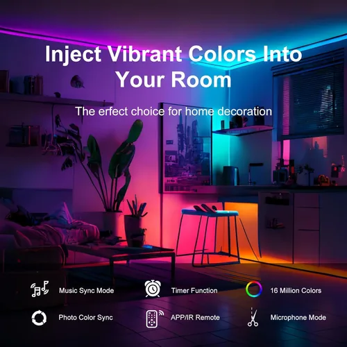 Vista 2 de Luces LED de 100 pies para dormitorio, luces LED RGB Bluetooth sincronizadas con música, aplicación inteligente y control remoto, tiras de luz LED
