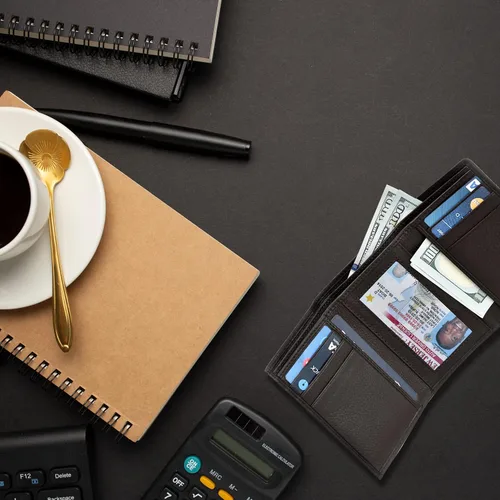 Vista 5 de Carteras de cuero de plegado tríptico para hombres con interferencia de radiofrecuencia RFID bolsillo frontal y 9 ranuras para tarjetas de crédito