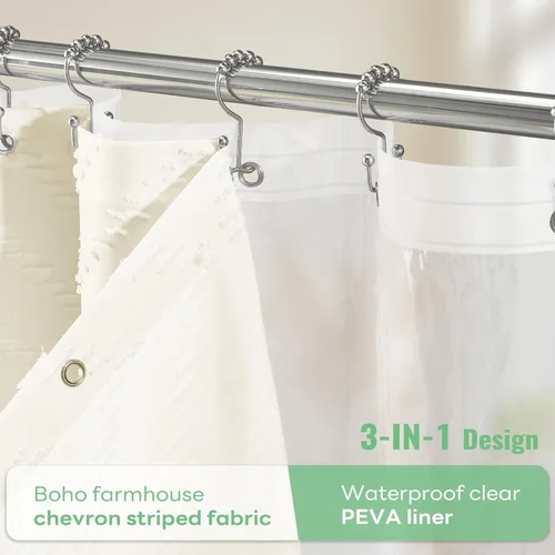 Vista 60 de Dynamene - Cortina de ducha de tela bohemia con rayas con chebrón en relieve, juego de cortina angosta para baño, media cortina impermeable