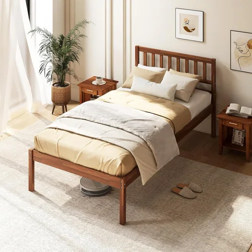 Vista 9 de Giantex Base de cama individual con cabecero, cama de plataforma de madera maciza con soporte de listones de madera, cama individual