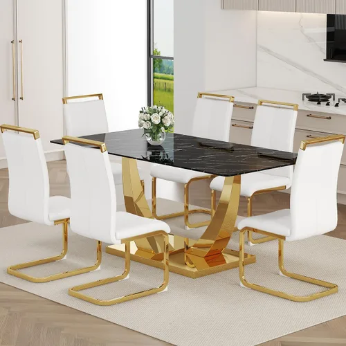 Vista 42 de Juego de Mesa de Comedor Negra para 6, Mesa de Comedor de Mármol Falso de 71" para 6, Juego de Mesa de Cocina Rectangular con Sillas de Cuero PU