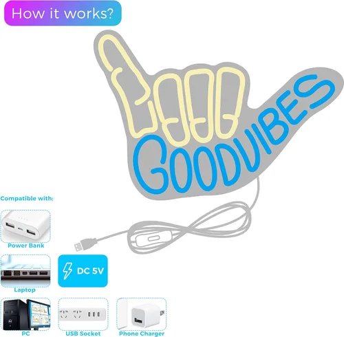 Vista 3 de Good Vibes - Letrero de neón para decoración de pared, letrero de neón con texto en inglés "Good Vibes Only", letreros de neón para dormitorio, sala