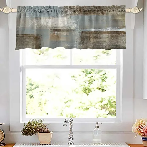 Vista 4 de Jacrane Cortinas de cocina marrón y gris, cenefas de arte abstracto para ventanas, cenefas opacas con bolsillo para barra, cenefa de cortina