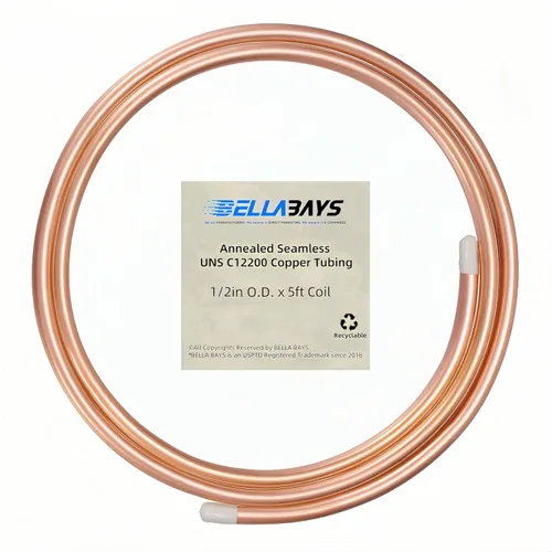 BELLA BAYS Tubo de cobre de 1/2 pulgada de diámetro exterior x 0.445 pulgadas de diámetro interior x 5 pies, 99.9% C12200 ASTM B280 Refrigeración