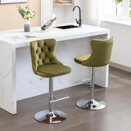 Vista 200 de Taburete de bar giratorio con respaldo copetudo, taburetes de bar ajustables en altura de mostrador, ribete de cabeza de clavo, silla de bar