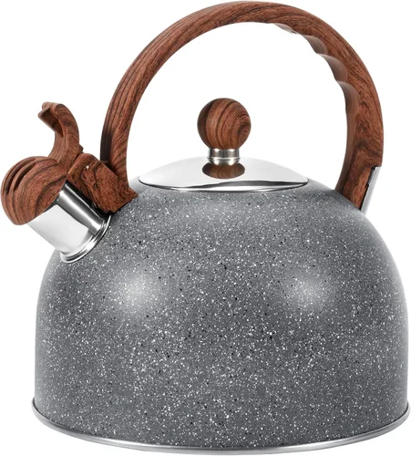 Vista 11 de GGC Tetera para estufa, 3.1QT/3L Hervidor de té silbante para hervir agua, café o leche, tetera púrpura con mango de compañero de madera, tetera