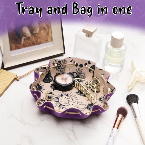 Vista 6 de Bolso morado con cordón enrollable con bandeja de dados de fieltro DND con cordón morado - Perfecto para jugadores de RPG, jugadores de mesa