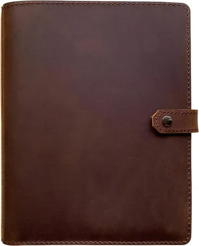 Cartera de carpeta de cuero auténtico, organizador de 6 anillos con bolsillos interiores y soporte para bolígrafos, A5