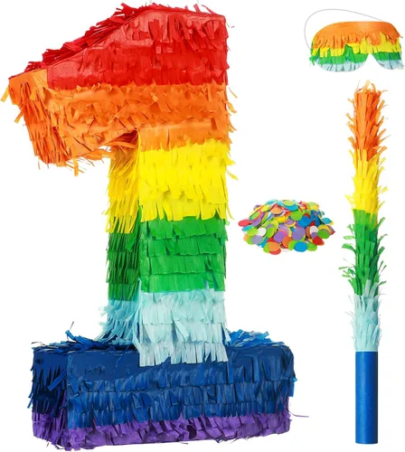 Vista 9 de Sratte Piñata de números arcoíris, piñata multicolor, pequeña fiesta de cumpleaños con palo y confeti para cumpleaños, aniversario, fiesta de Cinco