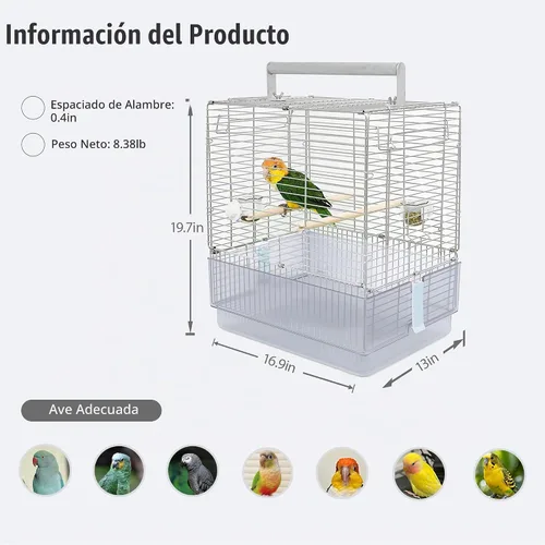 Vista 2 de Jaula para pájaros de viaje de acero inoxidable, 304 portátil, plegable, para loros, conures, cacatúas, periquitos, jaula grande de 17 pulgadas