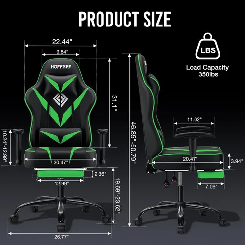 Vista 3 de HOFFREE Massage Gaming Chair for Adults 155° Reclining Computer Gamer Chair with Footrest and Adjustable Armrests Ergonomic Video Game Chairs Green