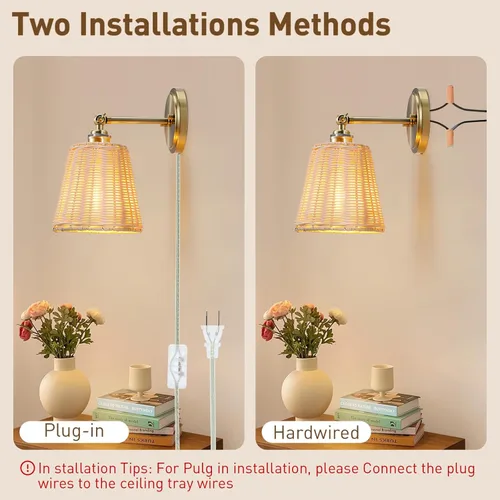 Vista 4 de Aplique de pared de ratán enchufable, pantalla de mimbre tejida a mano, juego de dos apliques de pared, lámpara de pared interior, juego de apliques