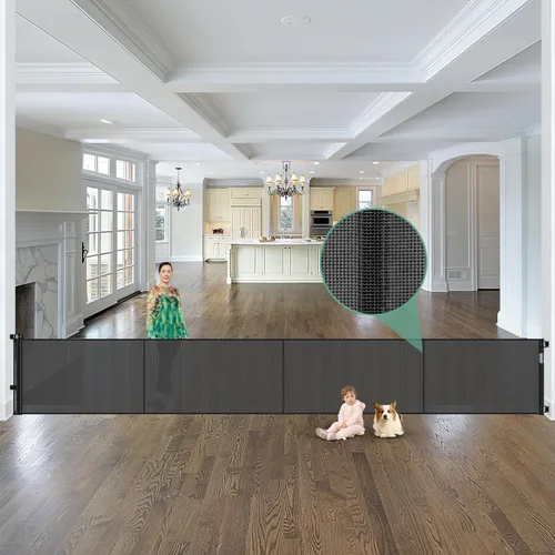 Vista 11 de Puerta retráctil reforzada de 60 pulgadas de ancho para bebés con varillas reforzadas, puerta retráctil para perros de 5 pies para interiores