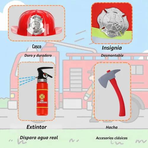 Vista 4 de yolsun disfraz de bombero para niños y niñas, 7 piezas Rojo