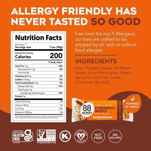 Vista 2 de 88 Acres Barras de granola Sin gluten, sin nueces de avena y semillas Vegano y sin OMG Paquete de 6 (arce canela)