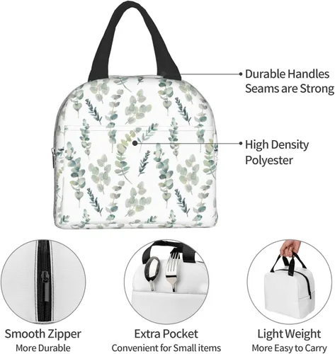 Vista 6 de Giwawa Bolsa de almuerzo con aislamiento de salvia para mujer, con hojas verdes, reutilizable, congelable, térmica, impermeable, bolsa de mano
