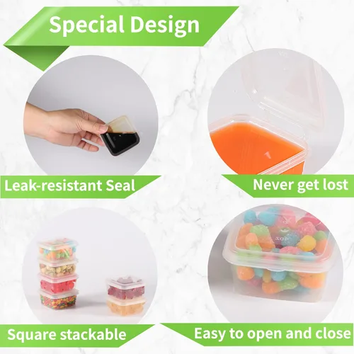 Vista 7 de Recipientes de 4 onzas y 2 onzas con tapas (paquete de 200), pequeños recipientes de plástico para condimentos con tapas, vasos de gelatina, tazas