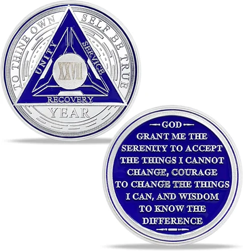 Vista 34 de Juego de monedas de sobriedad triangulares originales de 1 año Medallón AA de número romano plateado con cápsula protectora Ficha de aniversario