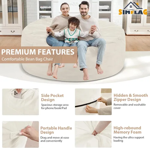 Vista 482 de Puf de 5 pies, puf grande con relleno de espuma viscoelástica, sofá puff esponjoso con funda de terciopelo holandés, puf redondo para sala de estar