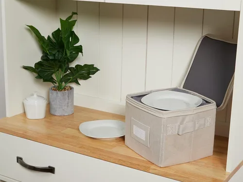 Vista 7 de Covermates Keepsakes - Caja de almacenamiento de platos, apilable, asas reforzadas, almacenamiento de porcelana, beige jaspeado