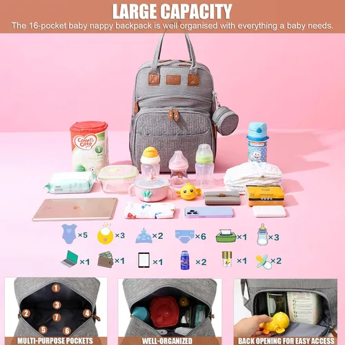 Vista 5 de Mochila multifuncional impermeable para pañales - Bolsa de pañales de gran capacidad con mochila para pañales para bebés, Gris, Ocio