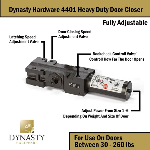 Vista 4 de Cerrador de puerta Dynasty Hardware, grado 1 de alta resistencia comercial hidráulico, autocierre, tamaño de resorte ajustable 1-6, cumple con ADA