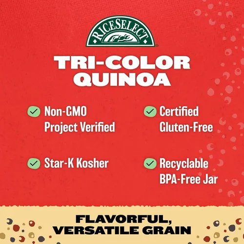 Vista 5 de RiceSelect Quinua tricolor, semillas premium sin gluten, Star-K Kosher y quinua sin OMG, tarro de 22 onzas