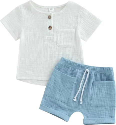 Ropa de verano para bebé, niño, manga corta, algodón sólido, lino, camiseta y pantalones cortos, conjunto de 2 piezas