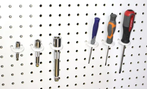 Vista 9 de JSP Manufacturing Tablero de clavijas blanco multiusos para herramientas de pared, soporte para garaje, 25