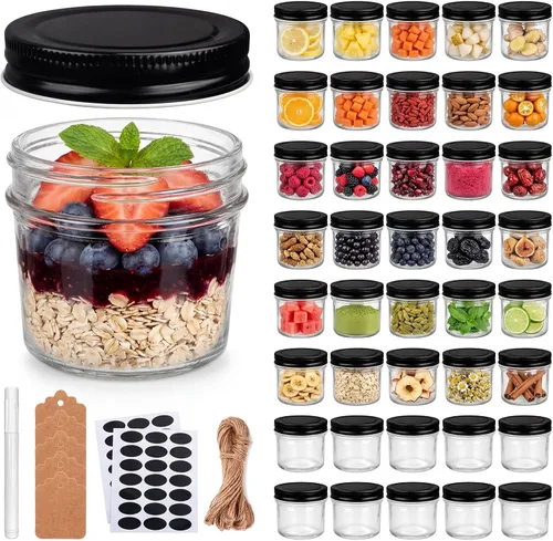 QAPPDA 40 paquetes de tarros de vidrio de 4 onzas con tapas (negro) - tarros de vidrio transparente pequeños tarros de especias para miel,