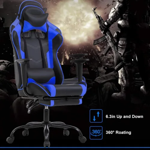 Vista 7 de Silla de juegos de PC ergonómica con función de masaje azul, silla de oficina resistente, soporte lumbar con reposabrazos reposapiés