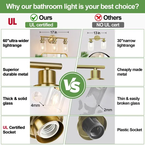 Vista 2 de 3 lámparas de baño doradas, lámpara de tocador de baño moderna con pantalla de vidrio transparente, luces de pared de baño de oro cepillado, lámpara