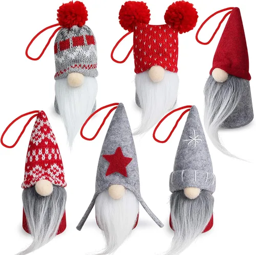 D-FantiX Juego de 6 adornos de Navidad de gnomo, hechos a mano, gnomos suecos Tomte, adornos decorativos de felpa para colgar en el árbol,