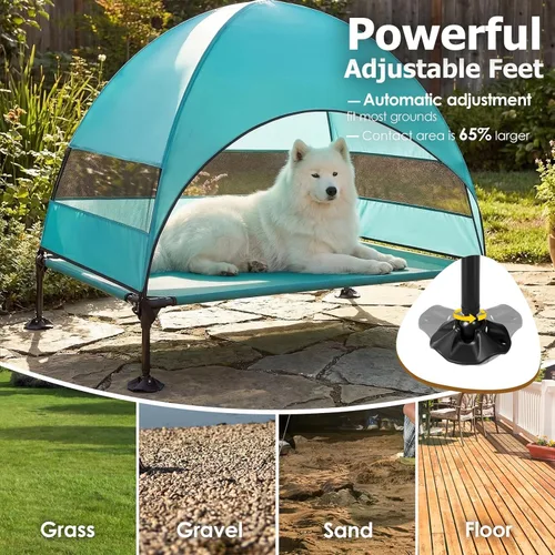 Vista 2 de Cama elevada para perros con toldo a prueba de rayos UV, tienda de campaña para perros al aire libre con potentes pies ajustables, cuna portátil