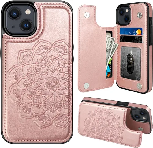 Vista 24 de MMHUO para iPhone 14 Funda con Tarjetero, Funda Flip Magnética con Flores en la Parte Posterior para Cartera de iPhone 14 para Mujeres, Funda Azul