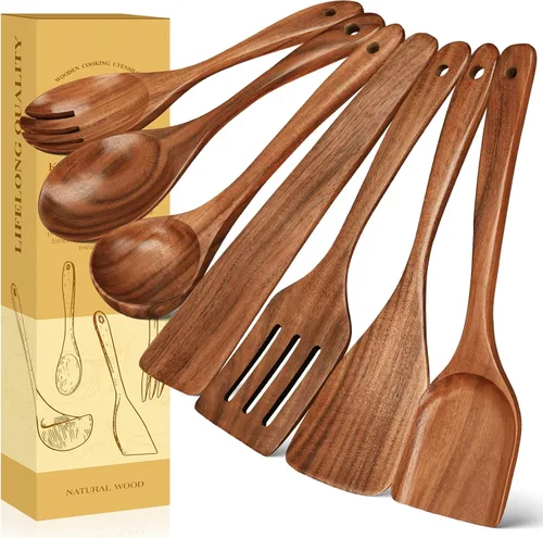 Vista 8 de ANBUY cucharas de madera para cocinar, juego de 6 piezas de utensilios de cocina, juego de espátulas planas y cucharas resistentes al calor