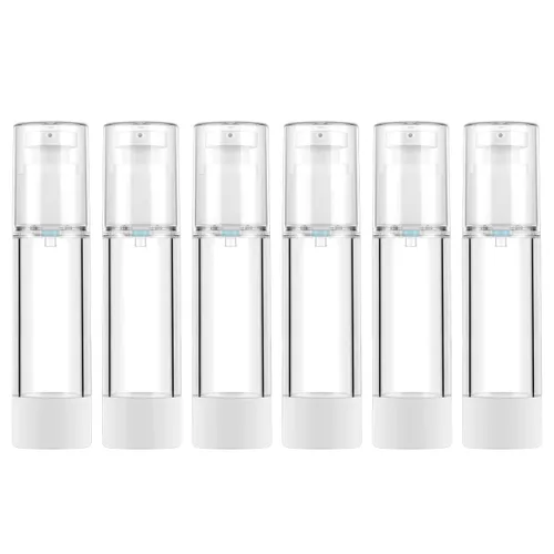 Vista 11 de LONGWAY Botella de bomba de crema cosmética transparente sin aire de 3.4 onzas, dispensador de tamaño de viaje, recipientes recargables para champú