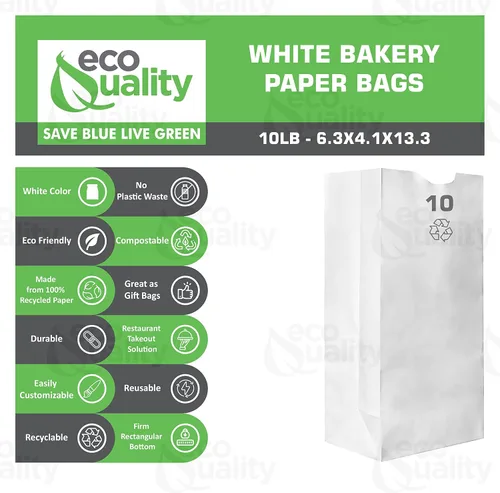 Vista 2 de EcoQuality Bolsas de papel blanco kraft – Capacidad de 10 libras, bolsas de almuerzo #10 (paquete de 100)