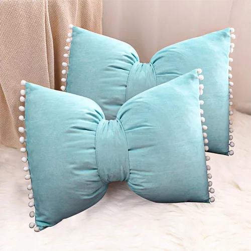 Vista 8 de 14x20 Fundas de almohada decorativas con pompones y lazos de terciopelo para habitación, cama, sofá, sofá cama, azul x2