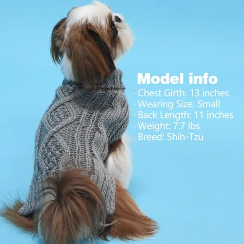 Vista 5 de KYEESE Suéteres para perros pequeños, cuello alto, suéter de punto trenzado para mascotas con hilo dorado para clima frío, gris, talla M