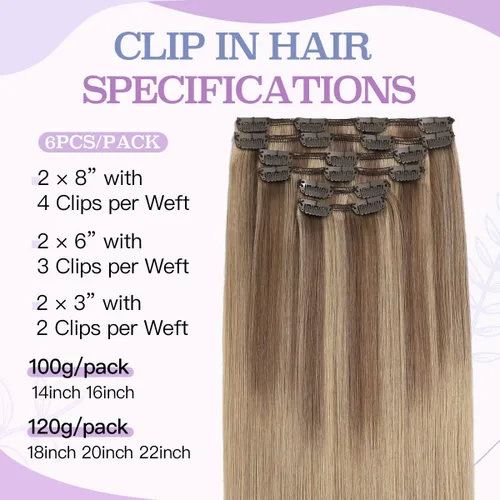 Vista 3 de Sindra Extensiones de cabello humano con clip, balayage #10/16/16 de color marrón dorado a rubio claro, extensiones de cabello humano Remy con clip