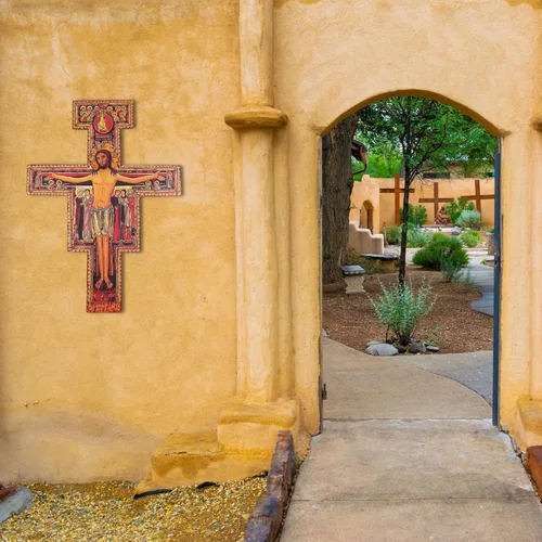 Vista 2 de Needzo Gran Crucifijo de pared San Damiano, decoración de cruz de iglesia católica, 36 pulgadas