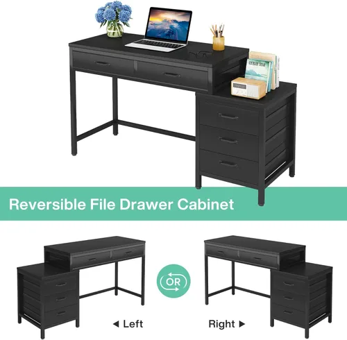 Vista 6 de Tribesigns Escritorio para Computadora con 5 Cajones, Escritorios de Oficina en Casa con Gabinete de Cajón Reversible Soporte para Impresora