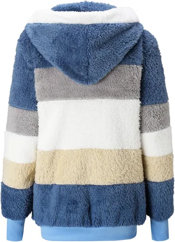 Vista 4 de SNKSDGM Chamarras de invierno para mujer, con cremallera completa, forro polar de piel sintética de oveja, Azul