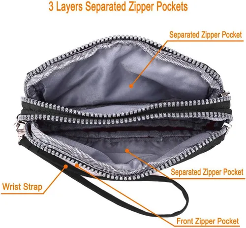 Vista 3 de Bolso de nailon para mujer con tres cremalleras, cartera larga de embrague para teléfono móviltarjetaefectivomonedasbilletes