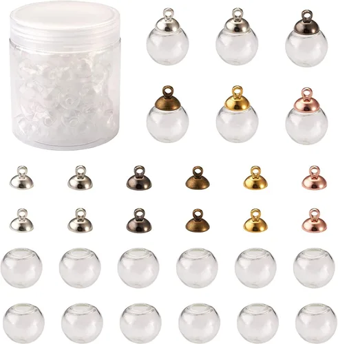 Pandahall - 60 cuentas redondas hechas a mano de 0.551 in de vidrio transparente soplado con 5 colores de tapa de latón, botellas de bola de cristal