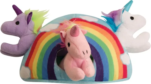 SNUG AROOZ Hide & Seek Rainbow Dog Toy con parche de reparación – Arco iris de peluche interactivo con 3 unicornios chirriantes – Diseñado para un