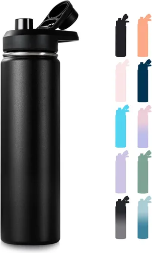 Vista 10 de Fijinhom Botella de agua aislada de 18 onzas con asa, botellas de agua de acero inoxidable 304 con boca ancha, botella de agua deportiva al vacío